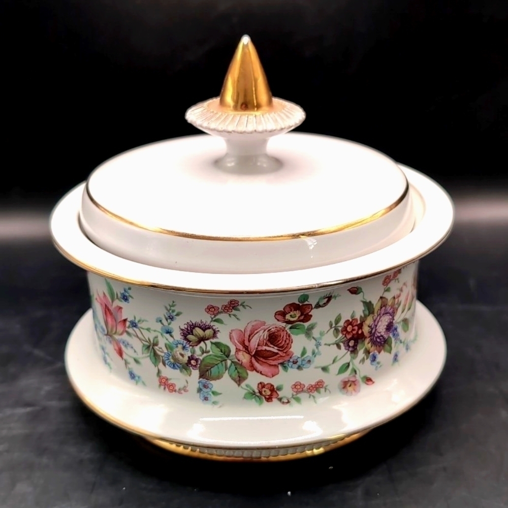 Florentine Italy Porcelain Lidded Jar Urn Bowl Cannister - Floral w/ Gold Trim